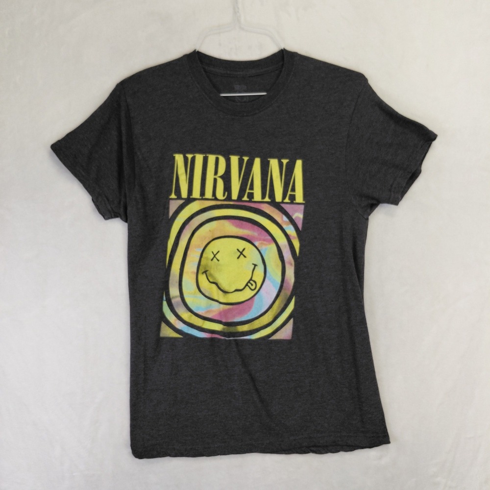 Nirvana Smiley Face Tie Dye Graphic Tee Charcoal Grey Short Sleeve Size L